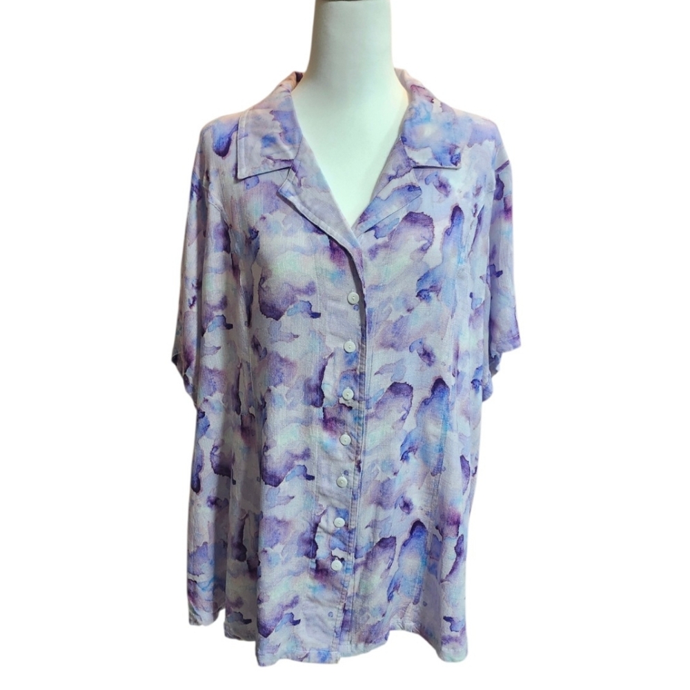 Blue Sky Linen/Bamboo Women's Lavender Watercolor Button-Front Blouse